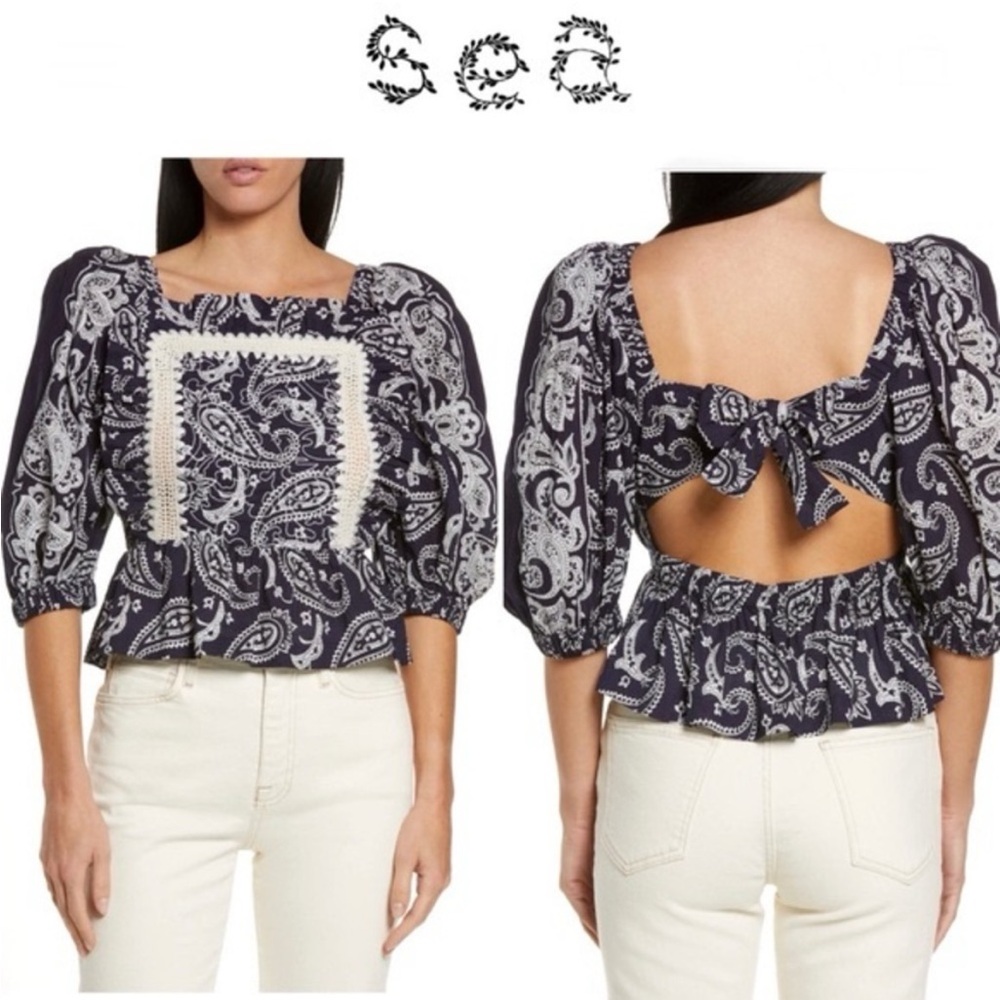 NWOT SEA NY Theodora Crochet-Trimmed Quilted Paisley Print Top